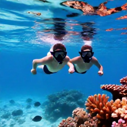Caribbean Holidays, Cayman Honeymoons, Newlyweds snorkelling together above colourful coral and tropical fish in clear shallow water near Grand Cayman