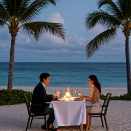 Caribbean Holidays, Cayman Honeymoons, Romantic beachfront dinner for two at a Grand Cayman resort, candlelit table, tropical setting and calm evening sea