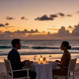 Caribbean Holidays, Cayman Honeymoons, Romantic beachfront dinner for two at a Grand Cayman restaurant, sunset sky, candlelit table and gentle waves