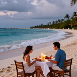 Caribbean Holidays, Cayman Honeymoons, Romantic beachfront dinner for two on Grand Cayman, candles, fresh seafood, tropical evening and gentle waves