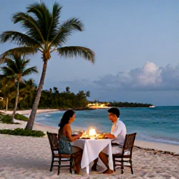 Caribbean Holidays, Cayman Honeymoons, Romantic beachfront dinner for two on Grand Cayman, softly lit table, palm trees and gentle waves at dusk