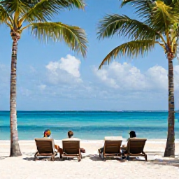 Caribbean Holidays, Cayman Honeymoons, Romantic beachfront resort on Grand Cayman with a couple relaxing on sun loungers, palm trees, bright blue water and a peaceful atmosphere