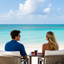 Caribbean Holidays, Cayman Honeymoons, Romantic boutique hotel terrace overlooking the turquoise Caribbean Sea in Grand Cayman, couple enjoying a quiet morning