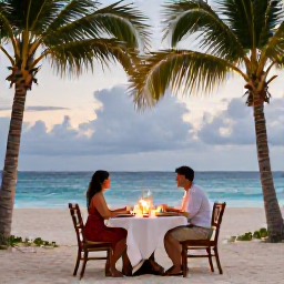 Caribbean Holidays, Cayman Honeymoons, Romantic couple enjoying a private beachfront dinner in Grand Cayman, candlelit table, tropical palms and Caribbean sea beyond
