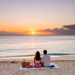 Caribbean Holidays, Cayman Honeymoons, Romantic couple sharing a quiet picnic on the white sand of Seven Mile Beach, calm Caribbean water and colourful sunset sky