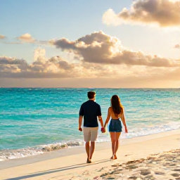 Caribbean Holidays, Cayman Honeymoons, Romantic couple walking along Seven Mile Beach in the Cayman Islands at sunset, turquoise sea and soft golden light