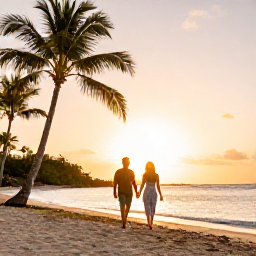 Caribbean Holidays, Cayman Honeymoons, Romantic couple walking hand in hand along the shoreline of Seven Mile Beach at sunset, palm trees and golden light