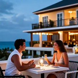 Caribbean Holidays, Cayman Honeymoons, Romantic December evening in George Town, Grand Cayman, with a couple dining outdoors at a stylish Caribbean restaurant