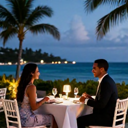 Caribbean Holidays, Cayman Honeymoons, Romantic dinner for two at a waterfront restaurant in Grand Cayman, elegant table setting, tropical evening and sea views