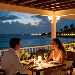 Caribbean Holidays, Cayman Honeymoons, Romantic evening at a stylish Cayman Islands restaurant, with a couple dining outdoors beside the sea under warm lights