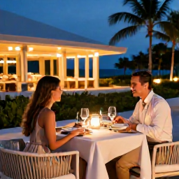 Caribbean Holidays, Cayman Honeymoons, Romantic outdoor dinner for two at a stylish Cayman Islands restaurant, tropical evening setting with soft lights