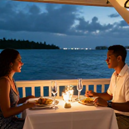 Caribbean Holidays, Cayman Honeymoons, Romantic waterfront dinner for two at dusk in Grand Cayman, elegant table, local seafood and softly lit Caribbean restaurant