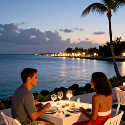 Caribbean Holidays, Cayman Honeymoons, Romantic waterfront restaurant in Grand Cayman at dusk, couple dining outdoors with soft lights and calm sea views