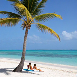 Caribbean Holidays, Cayman Honeymoons, White sand beach and calm turquoise water at Seven Mile Beach, Cayman Islands, with a couple relaxing beneath a palm tree