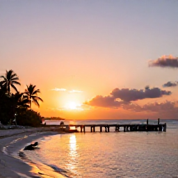 Caribbean Holidays, Cayman Instagram Hotspots, A colourful sunset over the Caribbean Sea at Rum Point in Grand Cayman, with a wooden pier, palm trees and calm shallow water