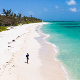 Caribbean Holidays, Cayman Instagram Hotspots, Aerial view of Seven Mile Beach in Grand Cayman with turquoise water, white sand and a relaxed traveller taking a photograph