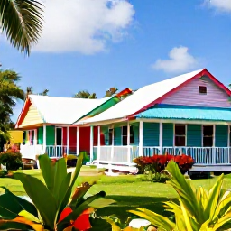 Caribbean Holidays, Cayman Instagram Hotspots, Colourful historic wooden houses and tropical greenery in George Town, Grand Cayman, photographed in bright daylight