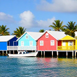 Caribbean Holidays, Cayman Instagram Hotspots, Colourful wooden houses and fishing boats at George Town waterfront in Grand Cayman, with palm trees and bright Caribbean light