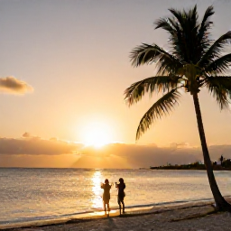 Caribbean Holidays, Cayman Instagram Hotspots, Sunset over a quiet Grand Cayman beach with palm silhouettes, golden sky and a couple taking photographs near the shoreline
