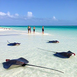Caribbean Holidays, Cayman Instagram Hotspots, Visitors standing in shallow clear water at Stingray City in Grand Cayman, surrounded by friendly stingrays and a vivid blue sea
