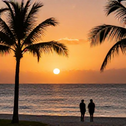 Caribbean Holidays, Cayman Instagram Spots, A calm Cayman Islands sunset over the Caribbean Sea, palm silhouettes, warm orange sky and a couple watching from the beach in January