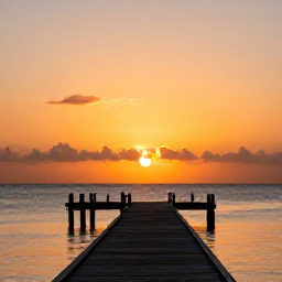 Caribbean Holidays, Cayman Instagram Spots, A dramatic sunset at Rum Point in Grand Cayman, with a wooden jetty, calm sea and warm orange sky