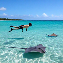 Caribbean Holidays, Cayman Instagram Spots, A photographer snorkelling above Stingray City sandbar in clear shallow water, with friendly stingrays and Grand Cayman coastline beyond