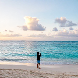Caribbean Holidays, Cayman Instagram Spots, A quiet Caribbean beach in Grand Cayman at sunrise during January, turquoise water, white sand and a person taking a travel photograph