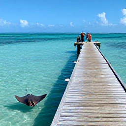 Caribbean Holidays, Cayman Instagram Spots, A wooden pier extending into calm turquoise water at Stingray City, with a stingray nearby and visitors enjoying a clear December day
