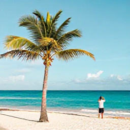 Caribbean Holidays, Cayman Instagram Spots, Bright turquoise sea and white sand at Seven Mile Beach in Grand Cayman, with a lone palm and a person taking a photograph in soft morning light