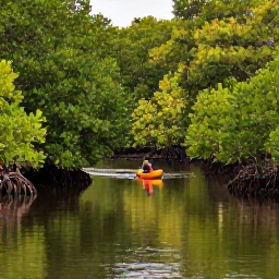 Caribbean Holidays, Cayman Instagram Spots, Cayman Islands mangrove wetland with calm reflective water, lush green trees and a small kayak moving through a narrow channel