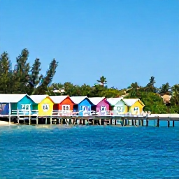 Caribbean Holidays, Cayman Instagram Spots, Colourful beach huts and a wooden pier at Smith Barcadere in Grand Cayman, with calm blue water and tropical greenery
