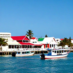 Caribbean Holidays, Cayman Instagram Spots, Colourful fishing boats and traditional Caribbean buildings at George Town waterfront in Grand Cayman under a clear blue sky