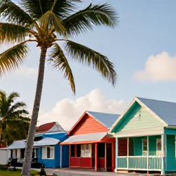 Caribbean Holidays, Cayman Instagram Spots, Colourful wooden houses and palm trees in George Town, Grand Cayman, photographed in warm October sunshine
