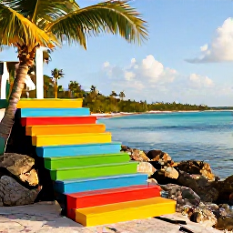 Caribbean Holidays, Cayman Instagram Spots, Colourful wooden steps leading into clear Caribbean water at Smith Barcadere in Grand Cayman, with rocky shore, palms and bright afternoon sunlight