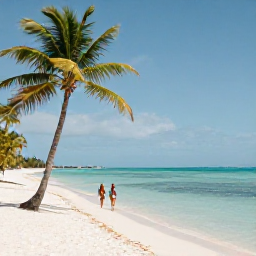 Caribbean Holidays, Cayman Instagram Spots, Peaceful Cayman Islands beach with palm trees, clear shallow sea and a couple enjoying a February afternoon in the Caribbean