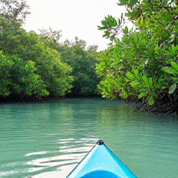 Caribbean Holidays, Cayman Instagram Spots, Quiet mangrove lagoon on Grand Cayman with a clear kayak, dense green mangroves and soft morning light in April
