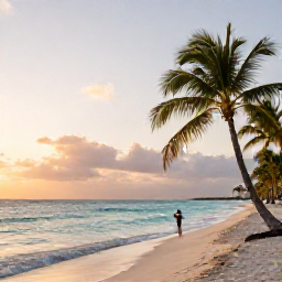 Caribbean Holidays, Cayman Instagram Spots, Seven Mile Beach in Grand Cayman at sunrise, calm turquoise water, soft golden light, palm trees and a lone beachgoer taking a photograph