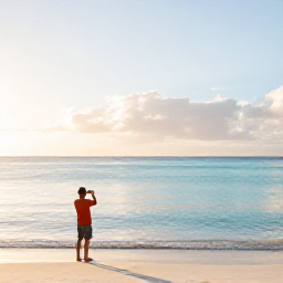 Caribbean Holidays, Cayman Instagram Spots, Seven Mile Beach in the Cayman Islands at sunrise, calm turquoise water, soft golden light and a person taking a travel photograph