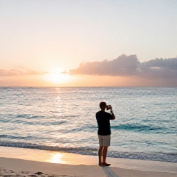 Caribbean Holidays, Cayman Instagram Spots, Sunrise over Seven Mile Beach in Grand Cayman, soft golden light, calm turquoise sea and a traveller taking a tasteful beach photograph