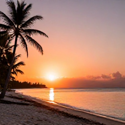 Caribbean Holidays, Cayman Instagram Spots, Sunset at Kaibo or a quiet Cayman beach, warm orange and pink sky reflecting across calm sea with silhouetted palm trees
