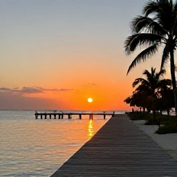 Caribbean Holidays, Cayman Instagram Spots, Sunset at Rum Point in Grand Cayman, calm Caribbean sea, wooden jetty, palm trees and warm orange evening light