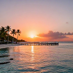 Caribbean Holidays, Cayman Instagram Spots, Sunset at Rum Point in Grand Cayman, calm shallow turquoise water, palm trees, a wooden jetty and orange-pink sky