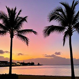 Caribbean Holidays, Cayman Instagram Spots, Sunset over George Town harbour in Grand Cayman, with pastel sky, calm sea and silhouettes of palm trees