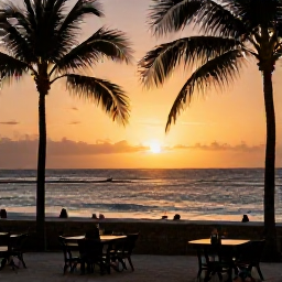Caribbean Holidays, Cayman Instagram Spots, Sunset over the Caribbean Sea viewed from a relaxed Grand Cayman beach bar, with silhouettes of palm trees and calm October waves