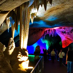 Caribbean Holidays, Cayman Instagram Spots, The colourful Cayman Crystal Caves in Grand Cayman, showing stalactites, stalagmites and visitors on a guided walkway