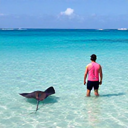 Caribbean Holidays, Cayman Instagram Spots, The famous blue waters of Stingray City in Grand Cayman with a visitor standing in shallow sea beside friendly southern stingrays
