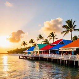 Caribbean Holidays, Cayman Island Hopping, Colourful waterfront restaurants and palm trees along Seven Mile Beach in Grand Cayman at sunset