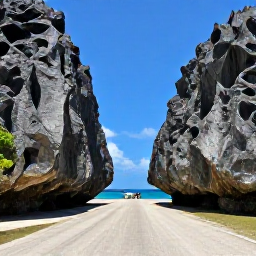 Caribbean Holidays, Cayman Island Hopping, Dramatic limestone cliffs and clear blue sea beside a small island road on Cayman Brac