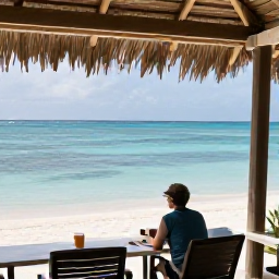 Caribbean Holidays, Cayman Island Hopping, Traveller relaxing at a shaded beach caf&eacute; overlooking calm Caribbean water in the Cayman Islands